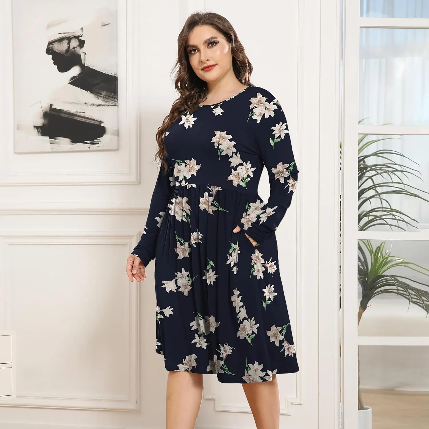 POSESHE Women's Plus Size Dresses 2024 Long Sleeves Crew Neck Casual Dresses Empire Waist Loose Flowy Dress with Pockets