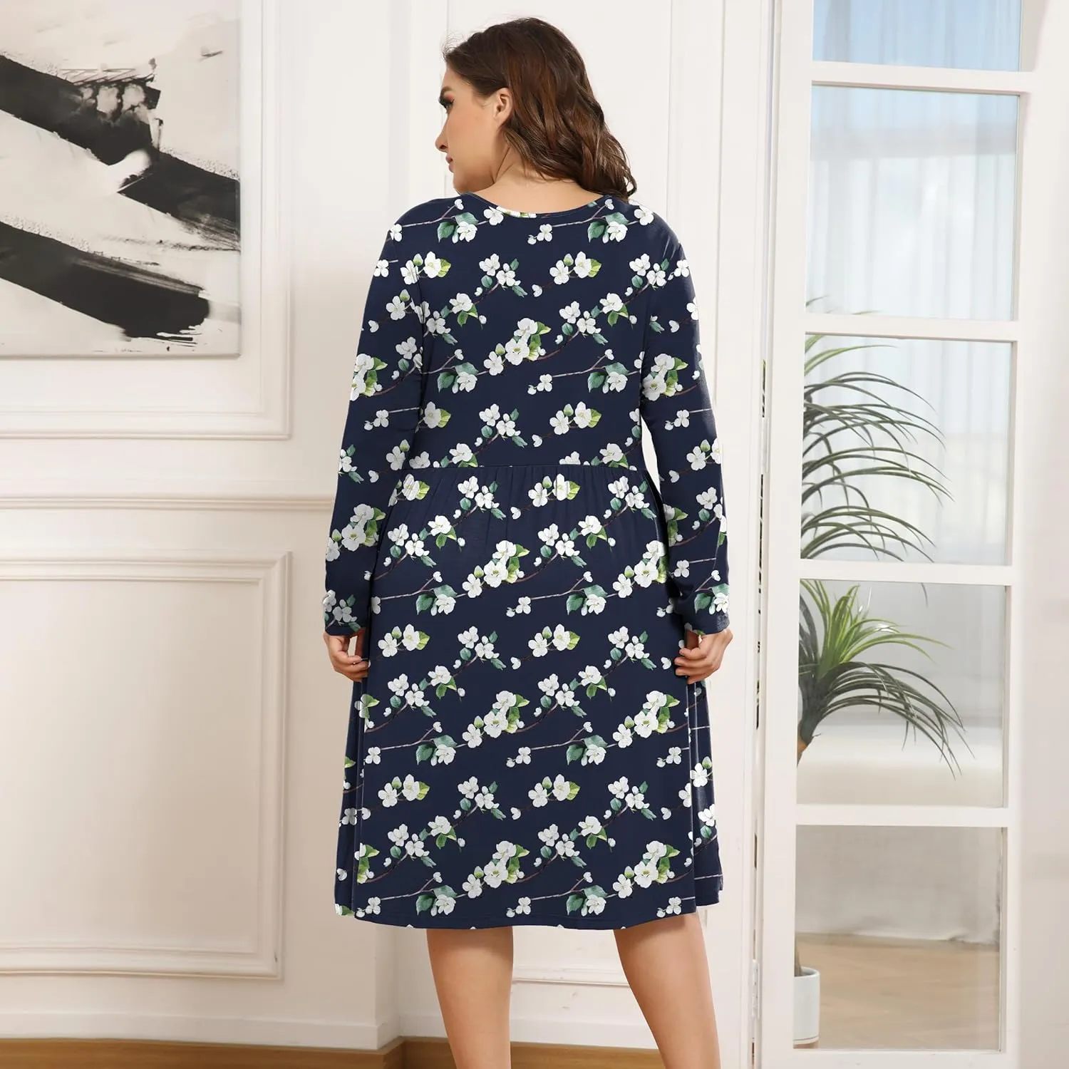 POSESHE Women's Plus Size Dresses 2024 Long Sleeves Crew Neck Casual Dresses Empire Waist Loose Flowy Dress with Pockets