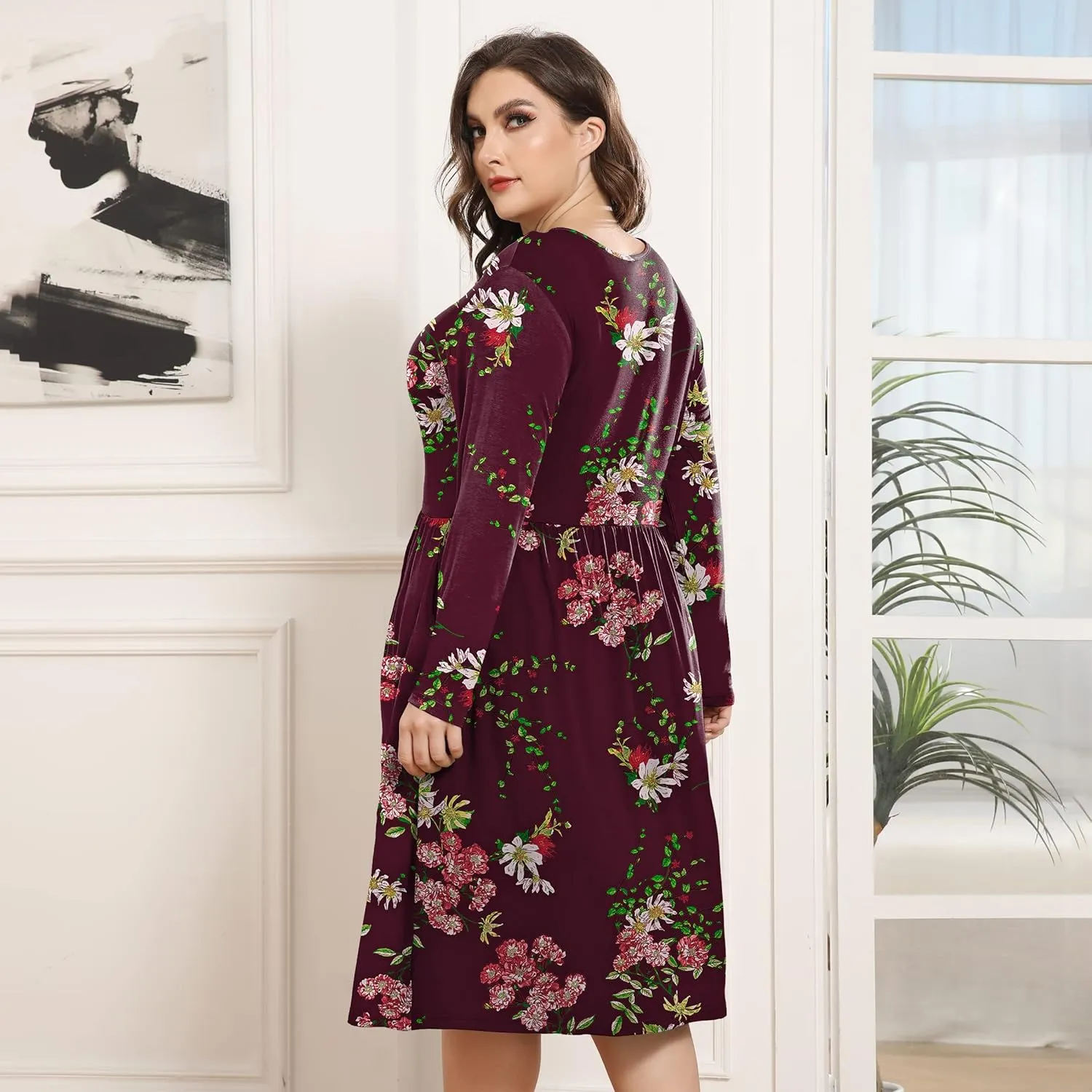POSESHE Women's Plus Size Dresses 2024 Long Sleeves Crew Neck Casual Dresses Empire Waist Loose Flowy Dress with Pockets