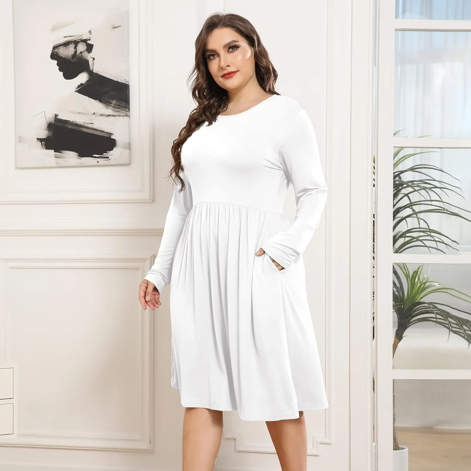 POSESHE Women's Plus Size Dresses 2024 Long Sleeves Crew Neck Casual Dresses Empire Waist Loose Flowy Dress with Pockets