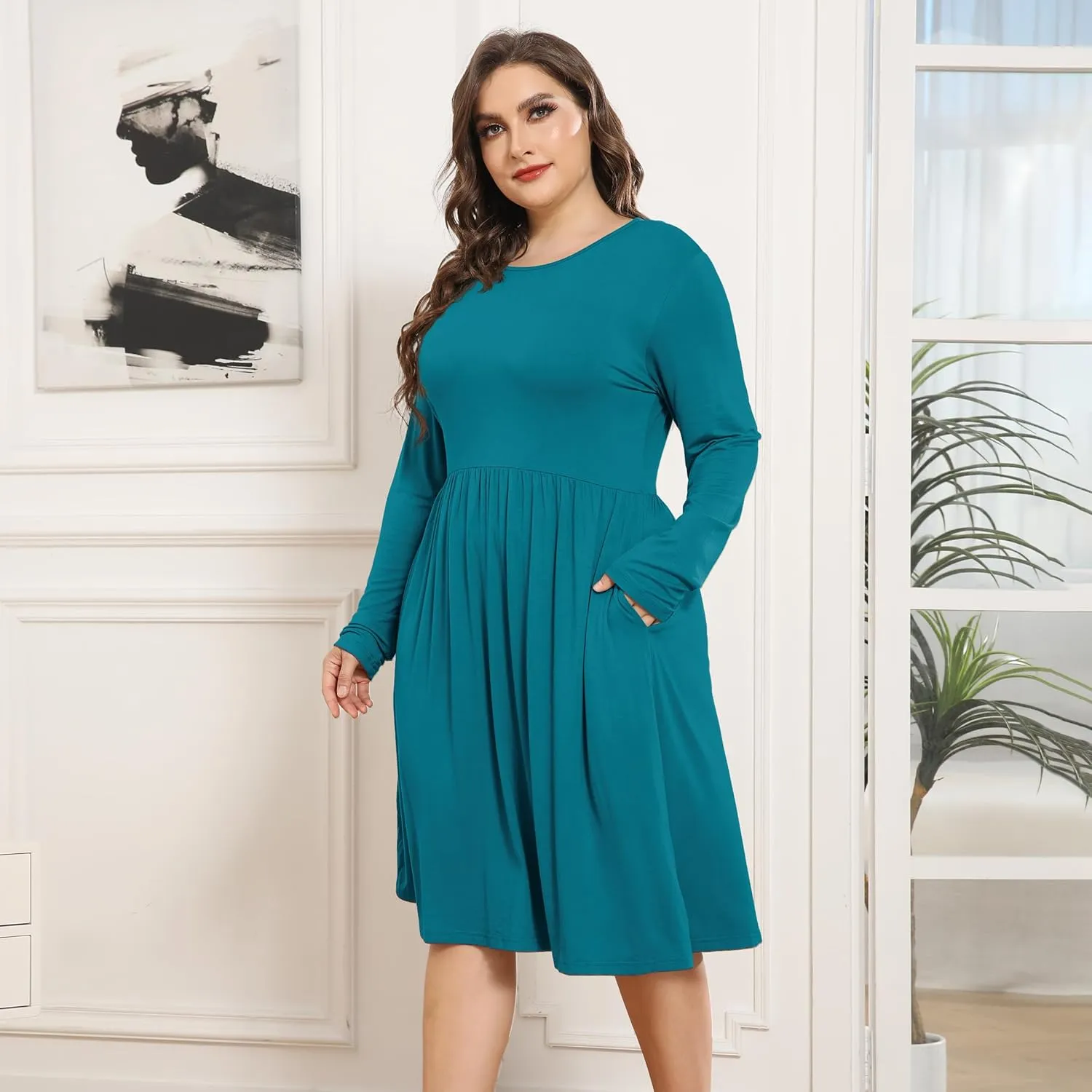 POSESHE Women's Plus Size Dresses 2024 Long Sleeves Crew Neck Casual Dresses Empire Waist Loose Flowy Dress with Pockets