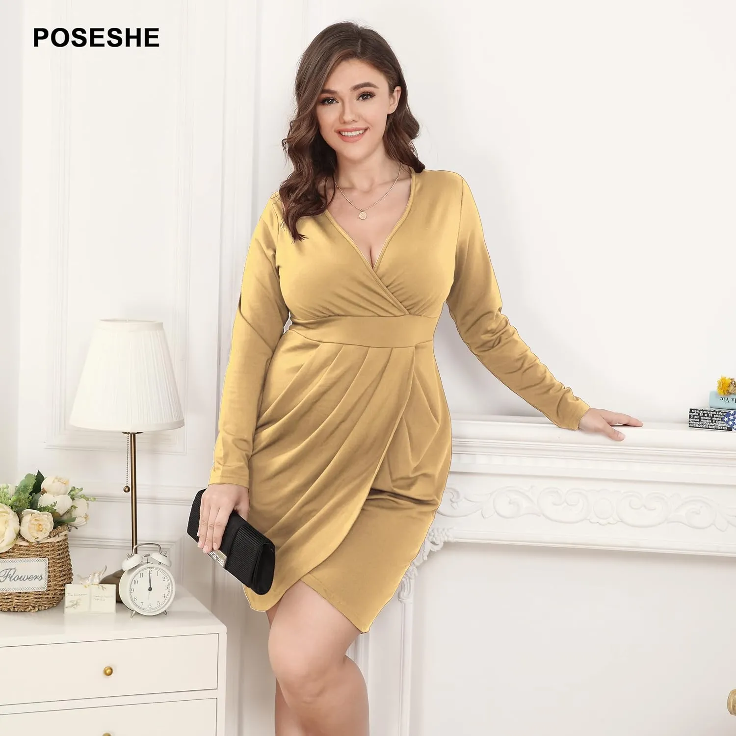 POSESHE Womens Plus Size Dresses Short Sleeve Wrap V-Neck Sundress Casual Summer Wedding Guest Cocktail Dress with Pockets