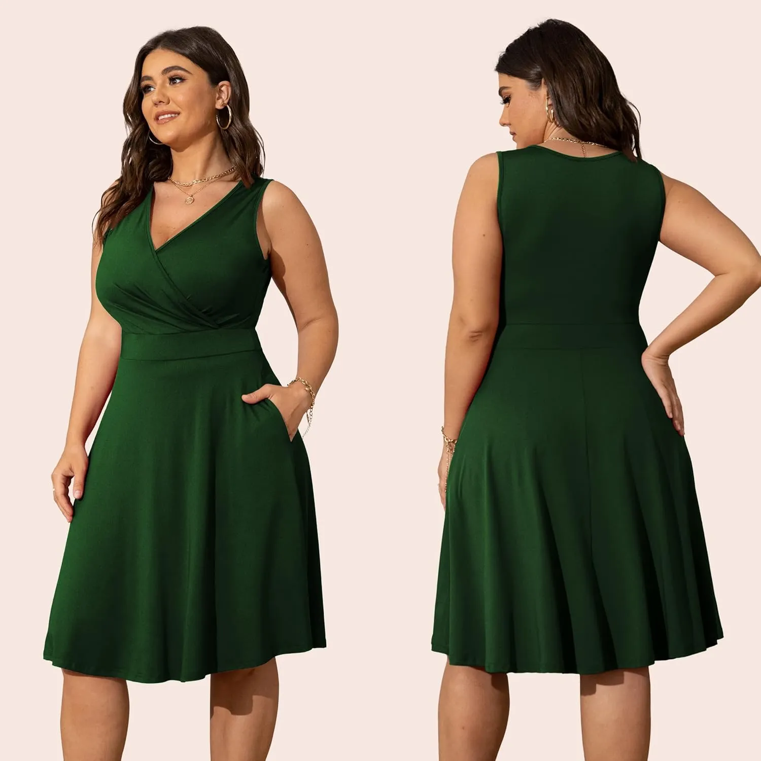 POSESHE Womens Plus Size Dresses Sleeveless Wrap V-Neck Sundress Casual Summer Wedding Guest Cocktail Dress with Pockets
