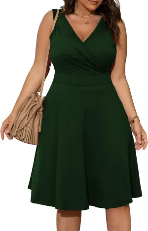 POSESHE Womens Plus Size Dresses Sleeveless Wrap V-Neck Sundress Casual Summer Wedding Guest Cocktail Dress with Pockets