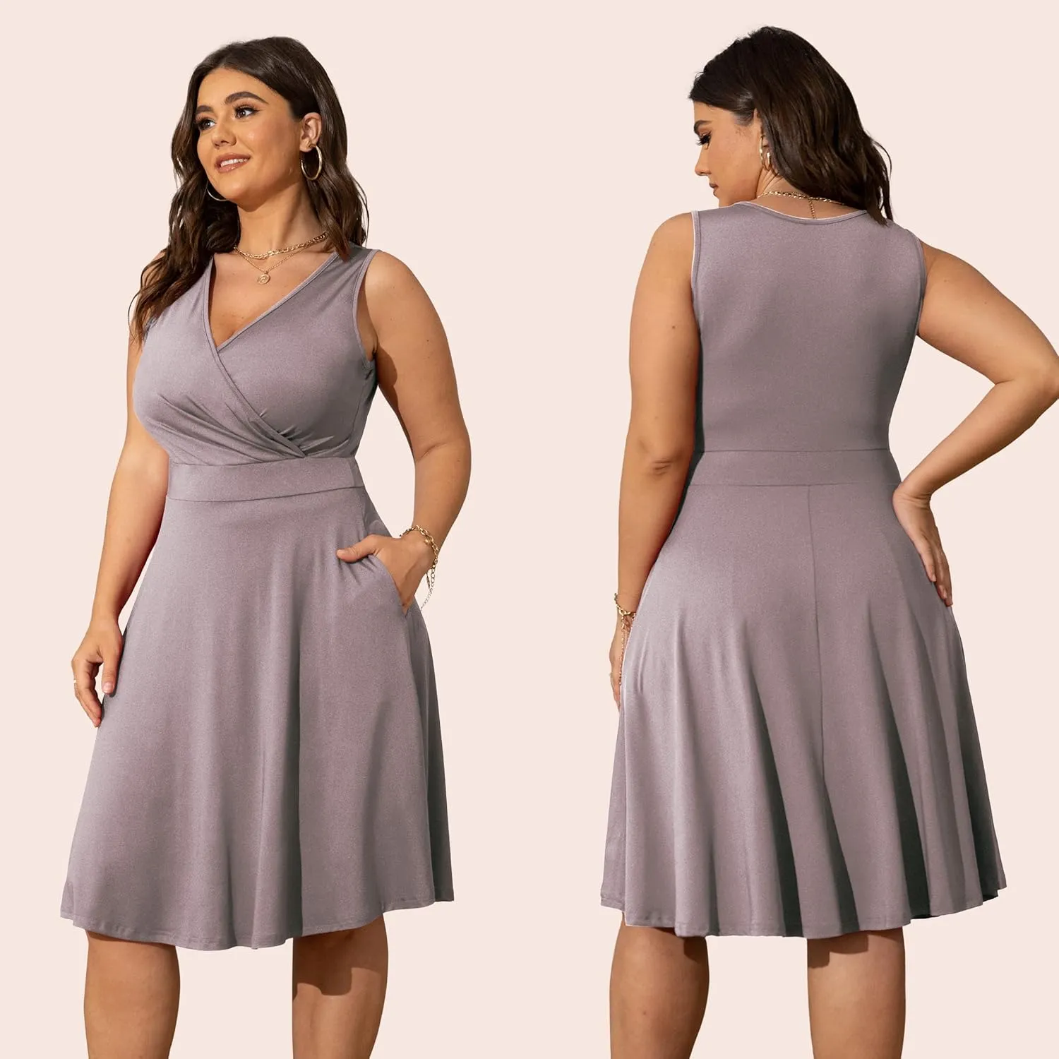 POSESHE Womens Plus Size Dresses Sleeveless Wrap V-Neck Sundress Casual Summer Wedding Guest Cocktail Dress with Pockets