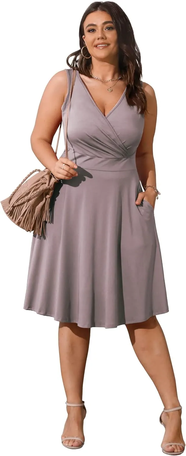 POSESHE Womens Plus Size Dresses Sleeveless Wrap V-Neck Sundress Casual Summer Wedding Guest Cocktail Dress with Pockets