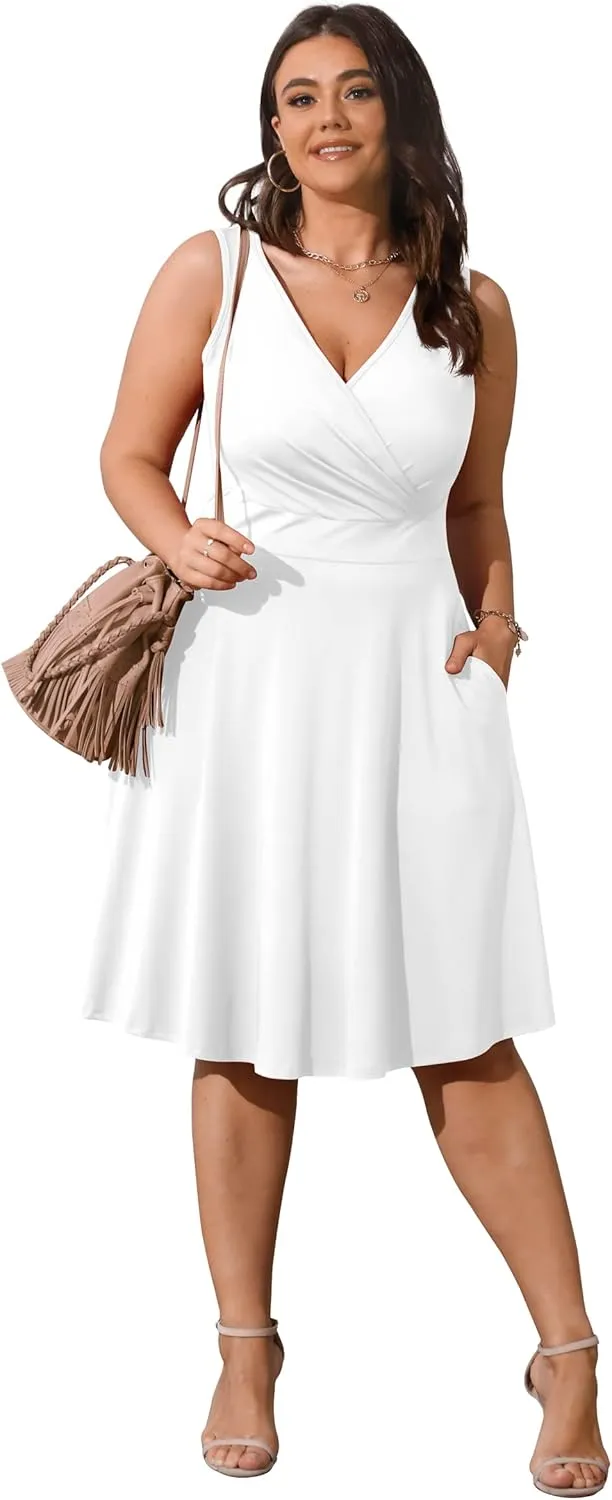 POSESHE Womens Plus Size Dresses Sleeveless Wrap V-Neck Sundress Casual Summer Wedding Guest Cocktail Dress with Pockets