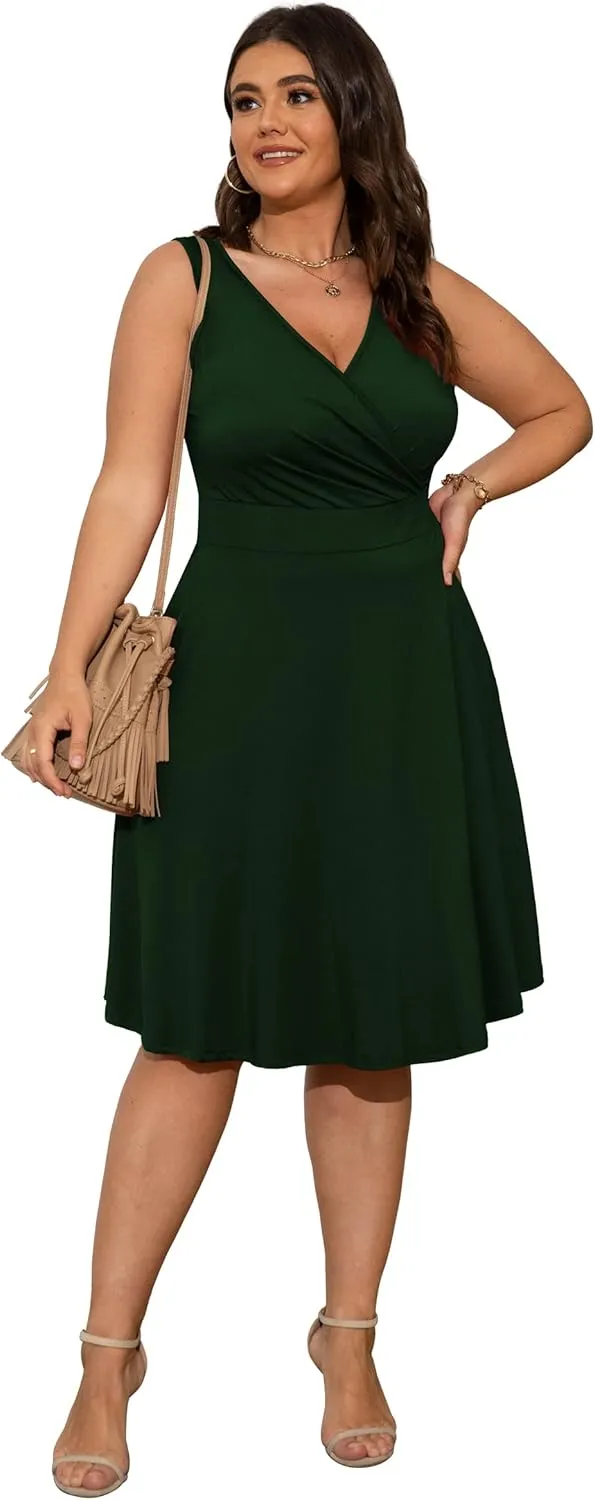 POSESHE Womens Plus Size Dresses Sleeveless Wrap V-Neck Sundress Casual Summer Wedding Guest Cocktail Dress with Pockets