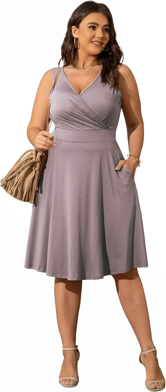 POSESHE Womens Plus Size Dresses Sleeveless Wrap V-Neck Sundress Casual Summer Wedding Guest Cocktail Dress with Pockets