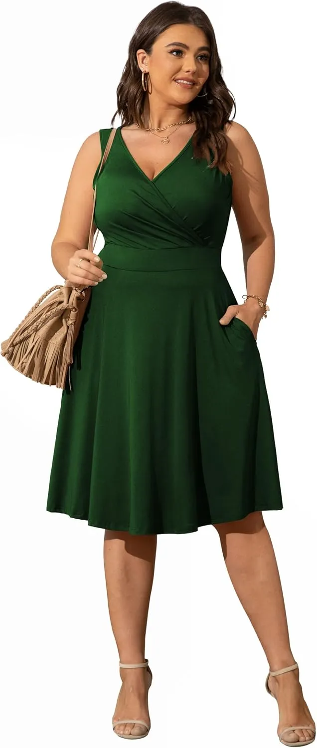 POSESHE Womens Plus Size Dresses Sleeveless Wrap V-Neck Sundress Casual Summer Wedding Guest Cocktail Dress with Pockets