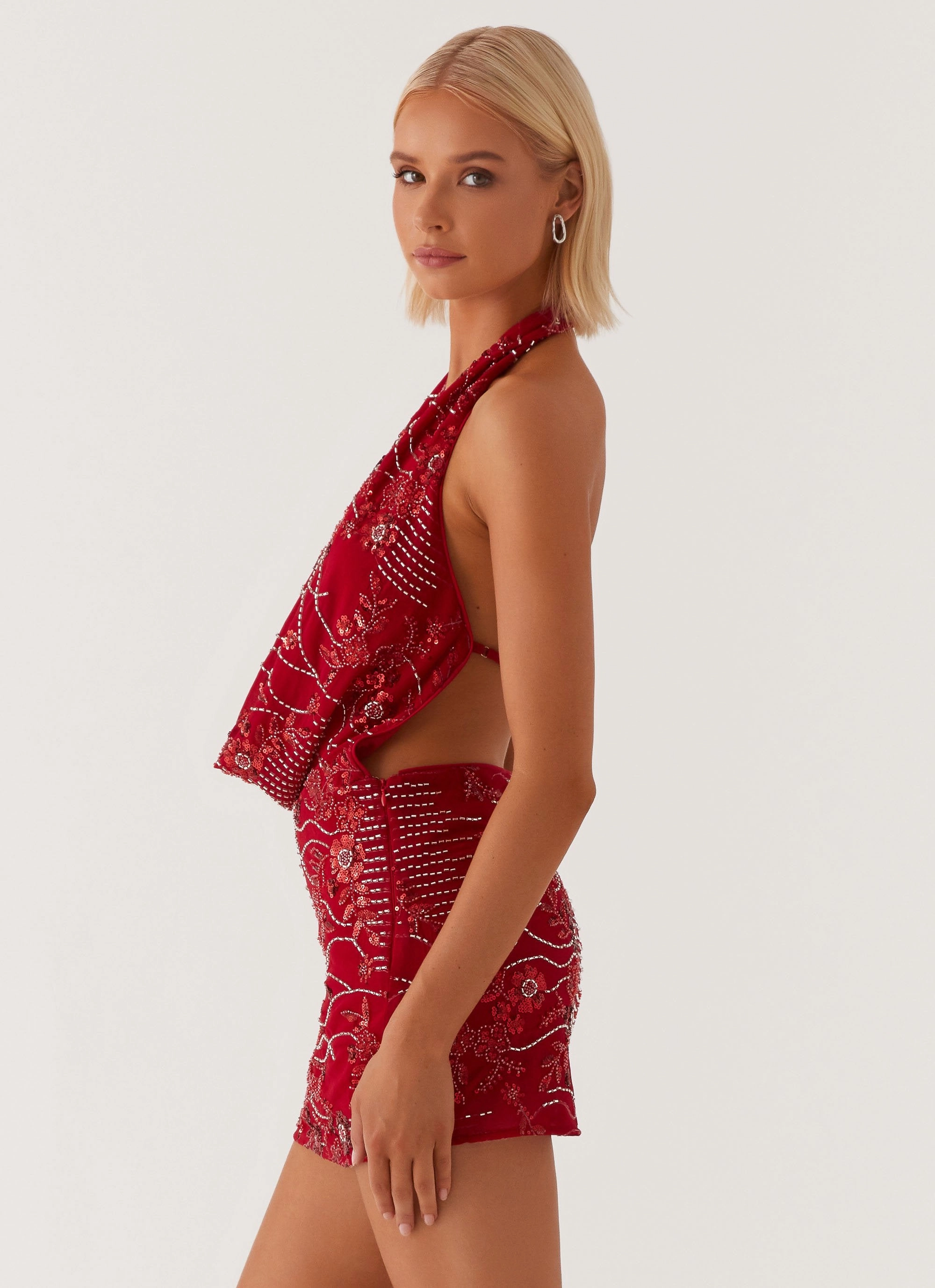 Peace View Olisa Cowl Neck Beaded Mini Dress - Red