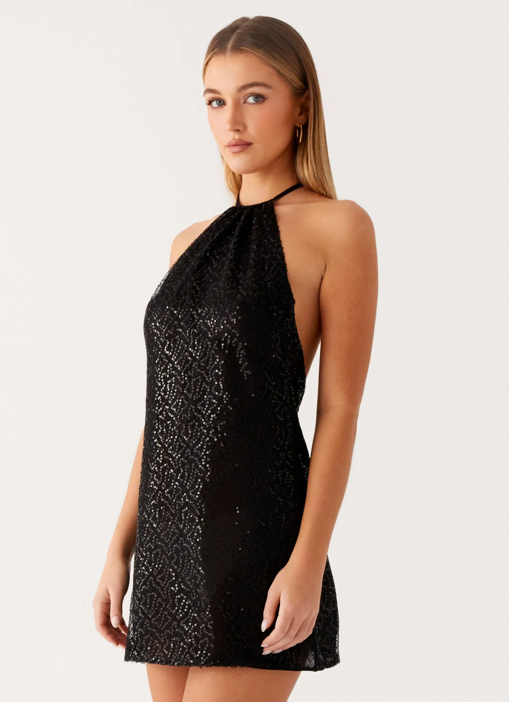 Trend-Driven Stretch Material Kingdom Sequin Mini Dress - Black