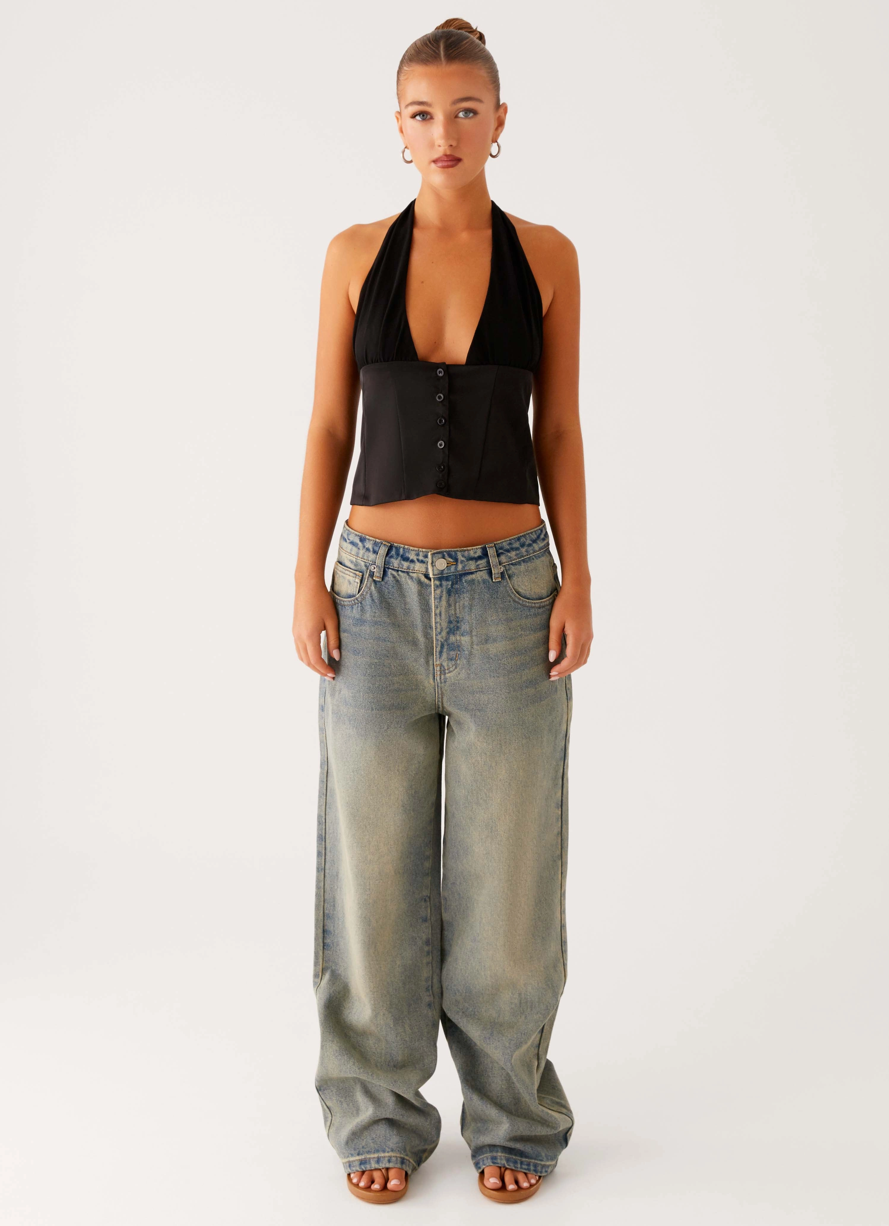 Lets Pretend Halterneck Top - Black Reinforced Buttonholes