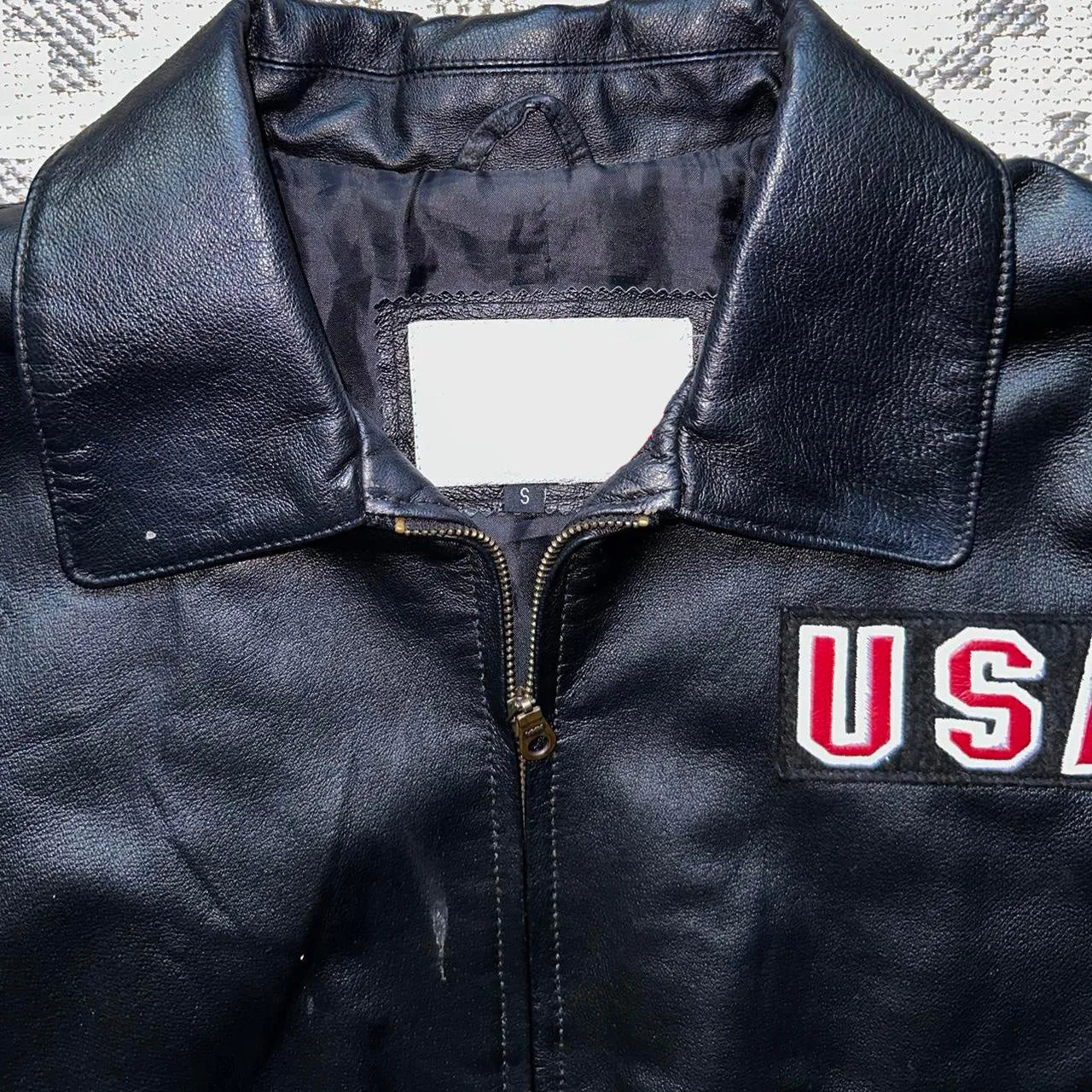 Premium Black Biker Leather Jacket USA Flag