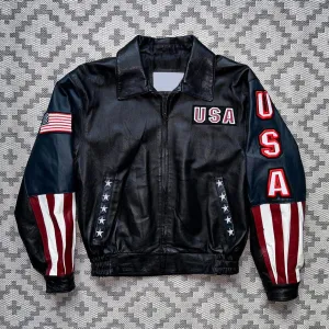 Premium Black Biker Leather Jacket USA Flag
