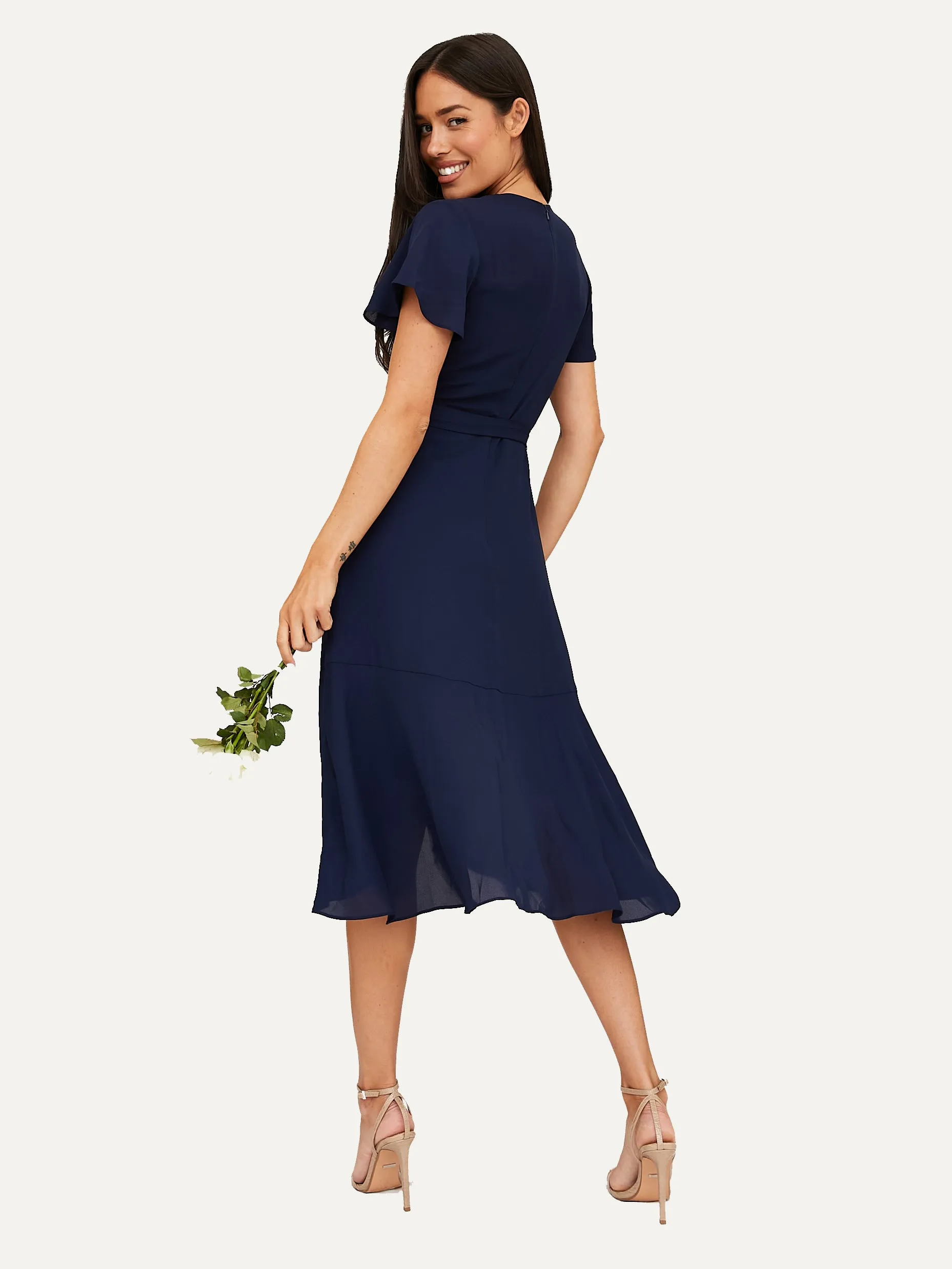 Faith Midi Ruffle Dress /  Navy Fashion Look Bell-Sleeve