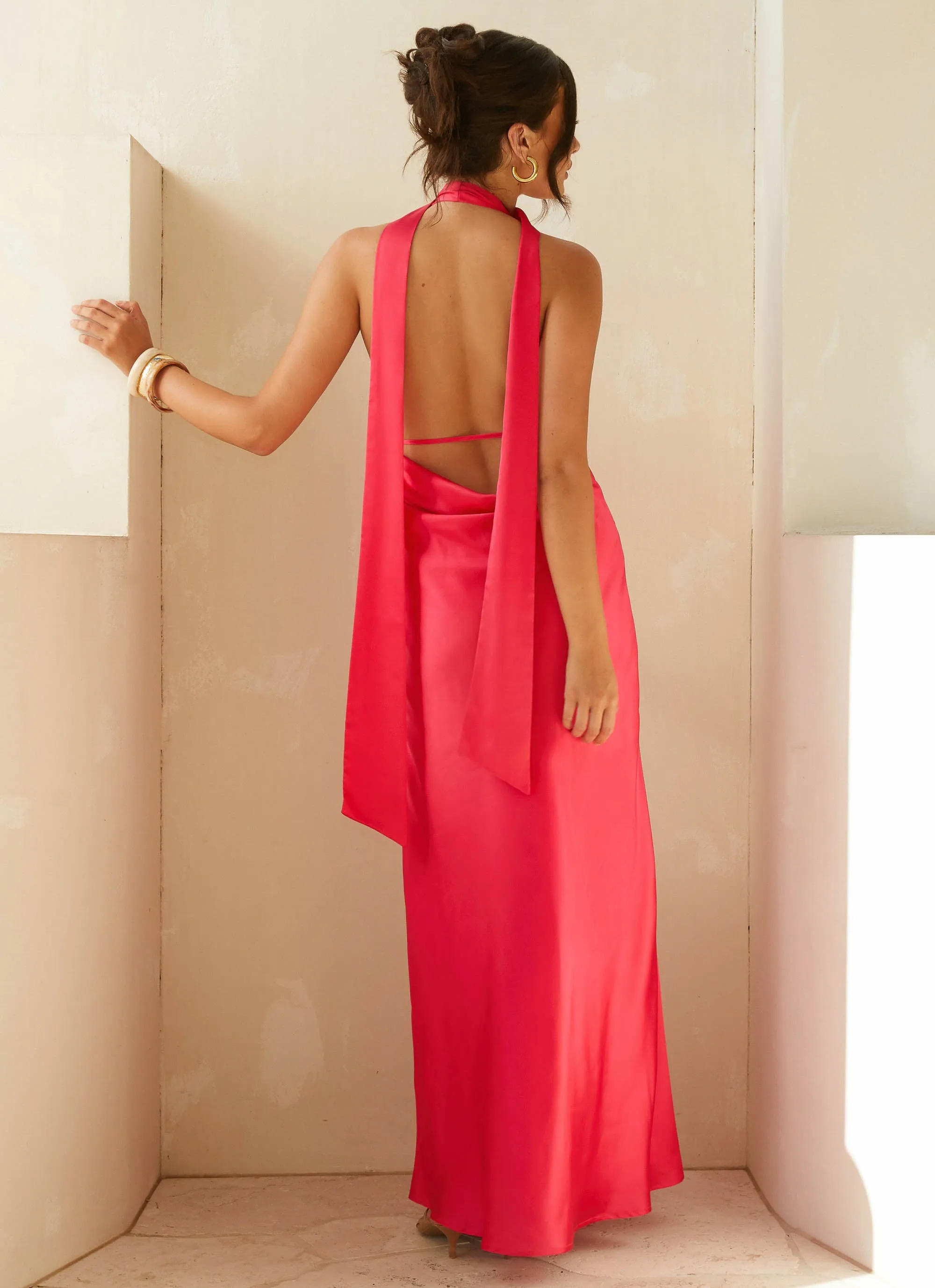 Alicia Satin Halter Maxi Dress - Fuchsia Morning Comfort Lightweight Weave
