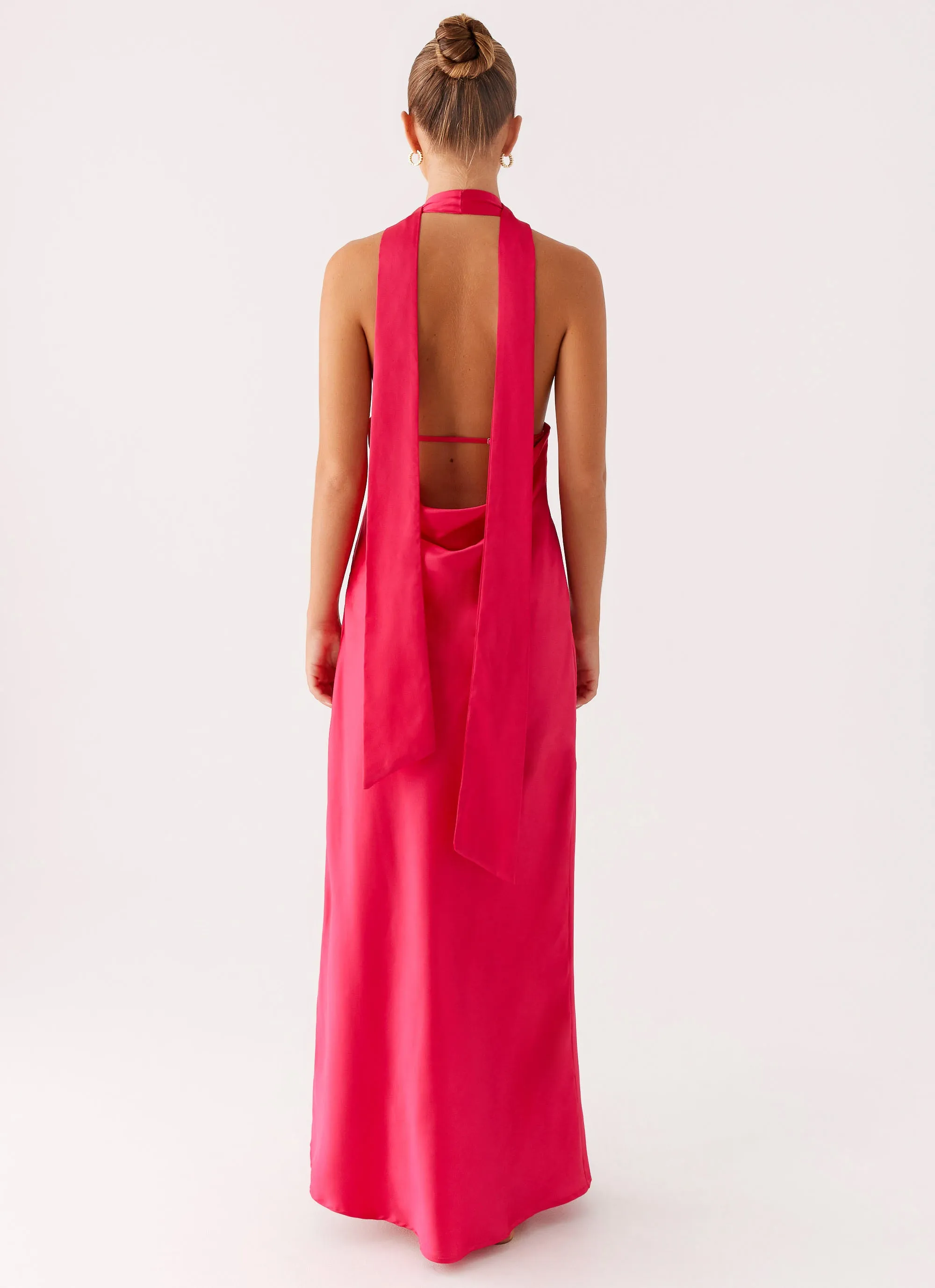 Alicia Satin Halter Maxi Dress - Fuchsia Hooded Neckline