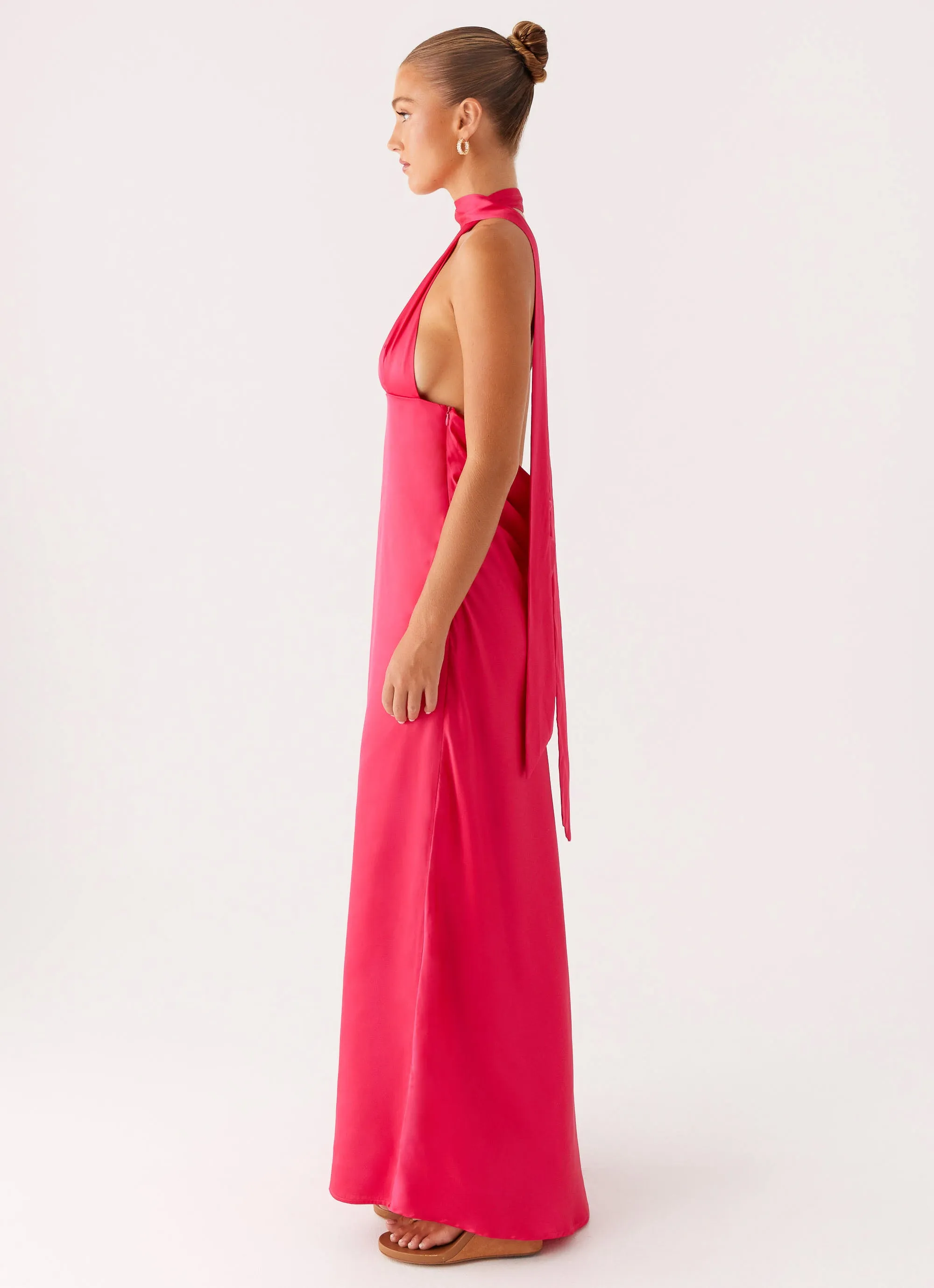 Alicia Satin Halter Maxi Dress - Fuchsia Vibrant Hue Airflow Ventilation System