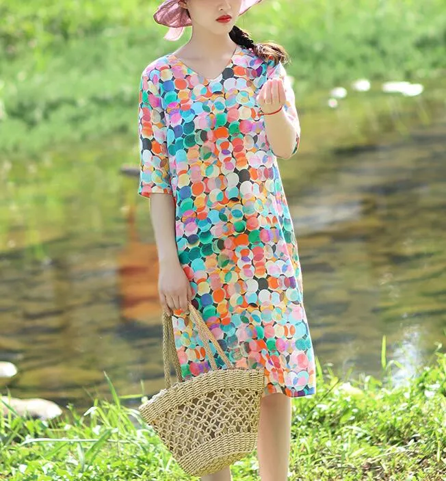 Print V Neck Women Dresses Casual Summer Linen Women Dresses Half Sleeve SSM97215