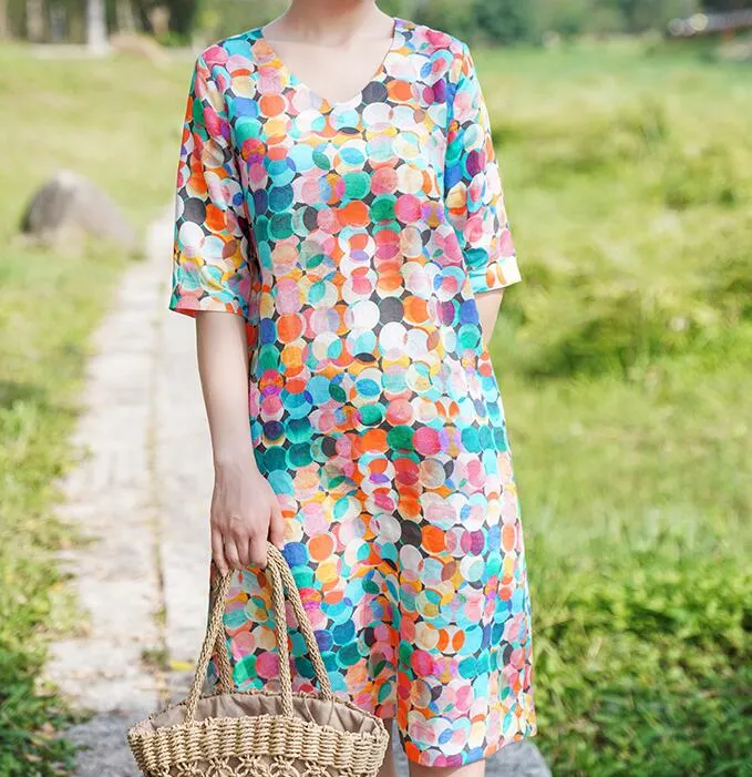 Print V Neck Women Dresses Casual Summer Linen Women Dresses Half Sleeve SSM97215