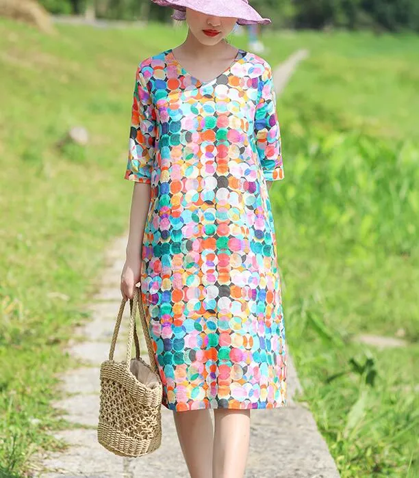 Print V Neck Women Dresses Casual Summer Linen Women Dresses Half Sleeve SSM97215