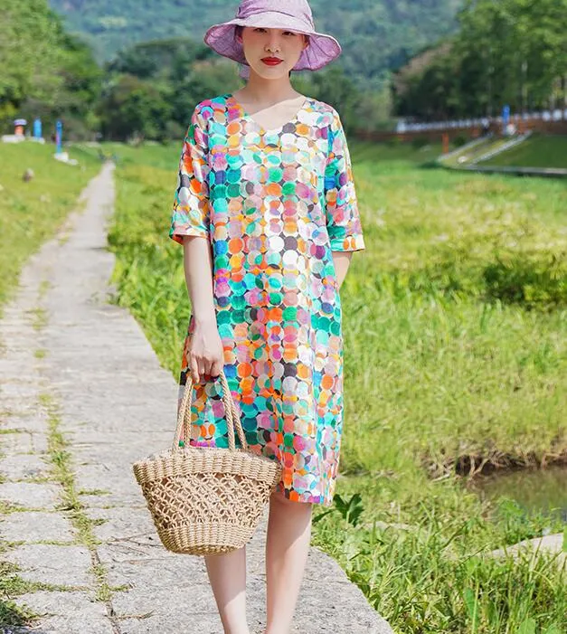 Print V Neck Women Dresses Casual Summer Linen Women Dresses Half Sleeve SSM97215