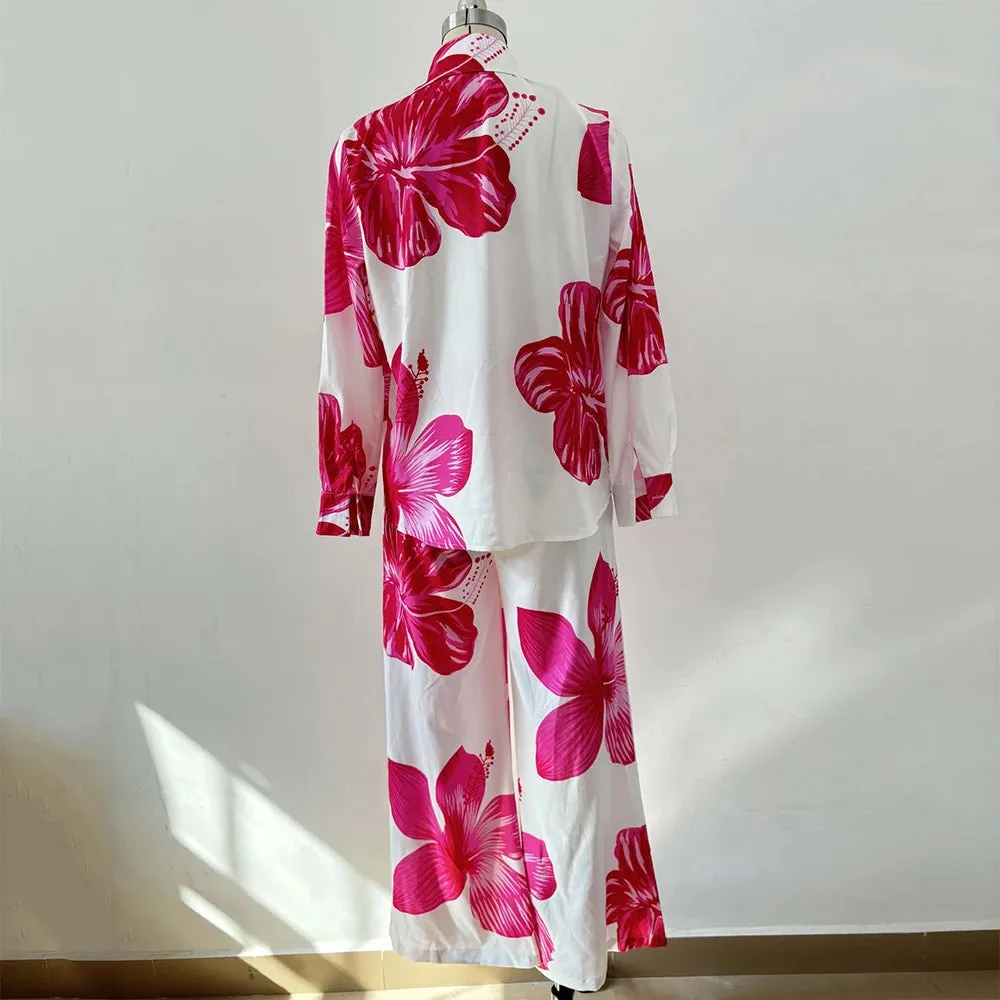Printed Single-Breasted Shirt and Wide-Leg Pants Two-Piece Set