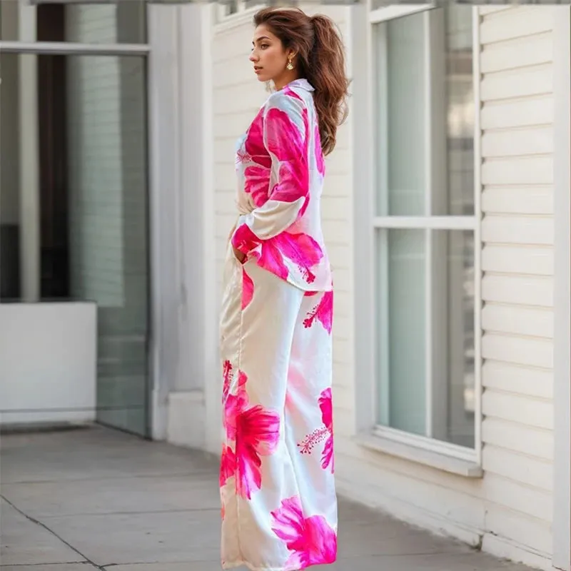 Printed Single-Breasted Shirt and Wide-Leg Pants Two-Piece Set