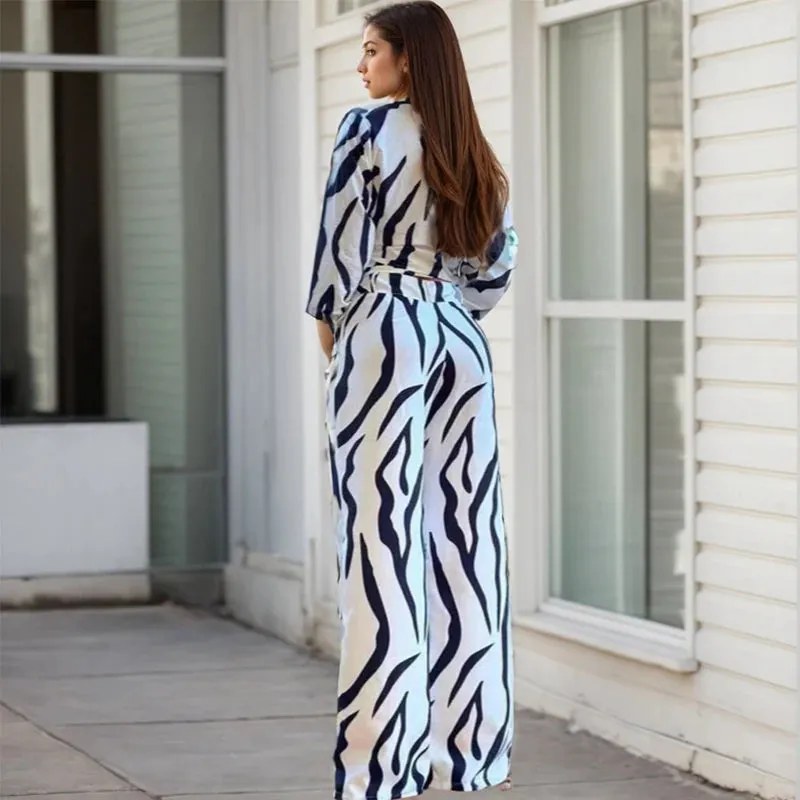 Printed Single-Breasted Shirt and Wide-Leg Pants Two-Piece Set