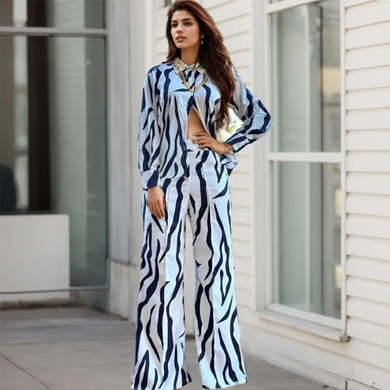Printed Single-Breasted Shirt and Wide-Leg Pants Two-Piece Set