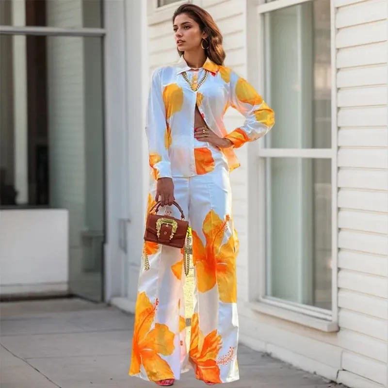 Printed Single-Breasted Shirt and Wide-Leg Pants Two-Piece Set