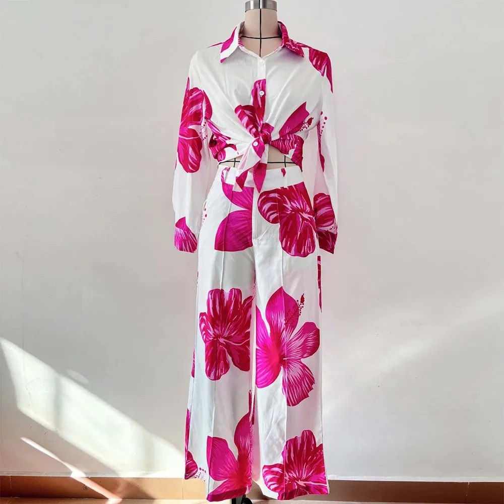 Printed Single-Breasted Shirt and Wide-Leg Pants Two-Piece Set