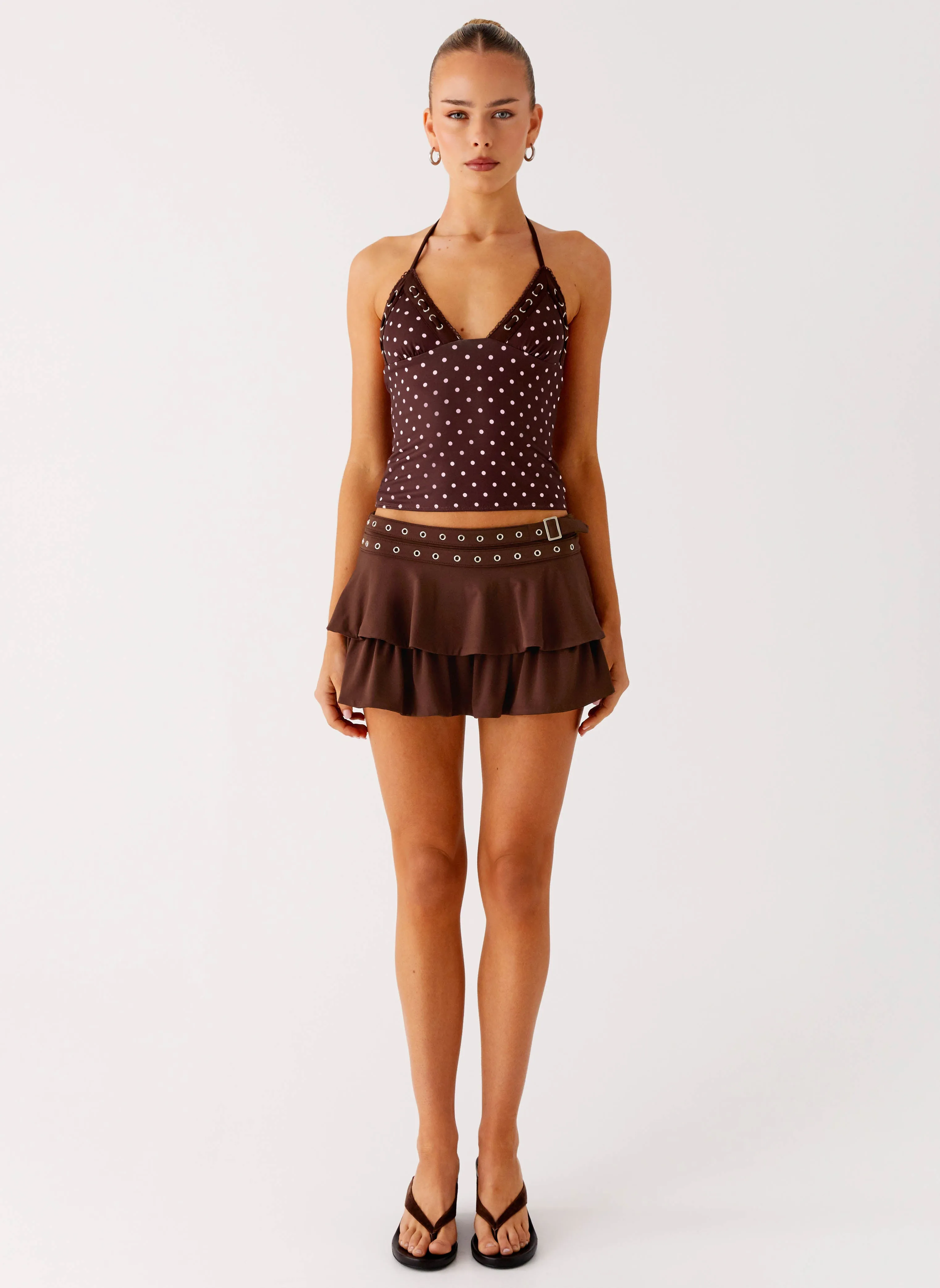 Layered Look Bold Print Prologue Belt Mini Skort - Chocolate