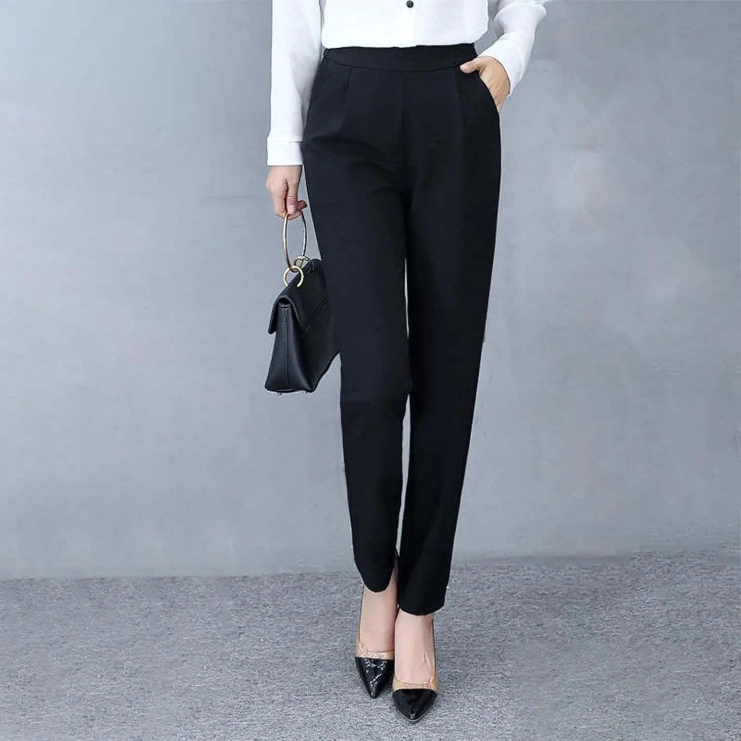Pull On Dress Pants for Women Business Casual Straight Leg Office Work Pants Slacks Ankle Length Suit Pants Trousers