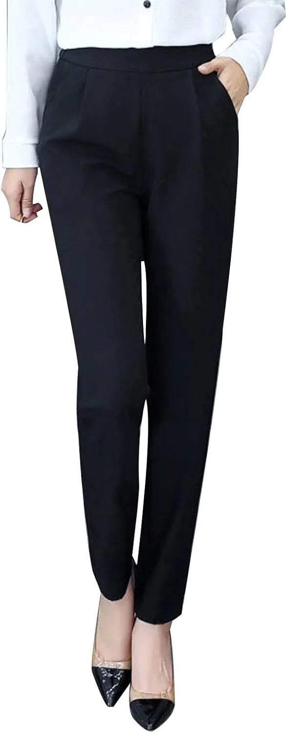 Pull On Dress Pants for Women Business Casual Straight Leg Office Work Pants Slacks Ankle Length Suit Pants Trousers