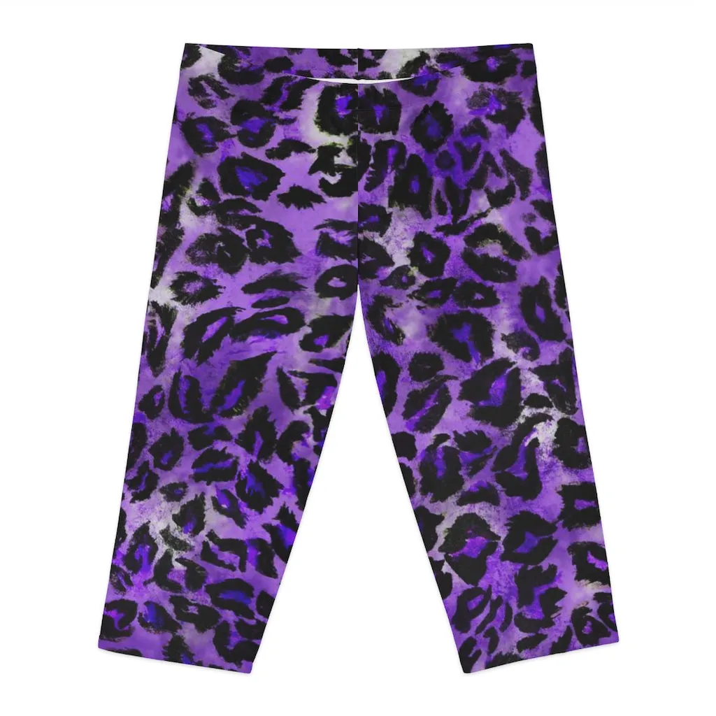Purple Leopard Women's Capri Leggings, Knee-Length Polyester Capris Tights-Made in USA (US Size: XS-2XL)