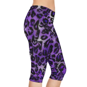 Purple Leopard Women's Capri Leggings, Knee-Length Polyester Capris Tights-Made in USA (US Size: XS-2XL)