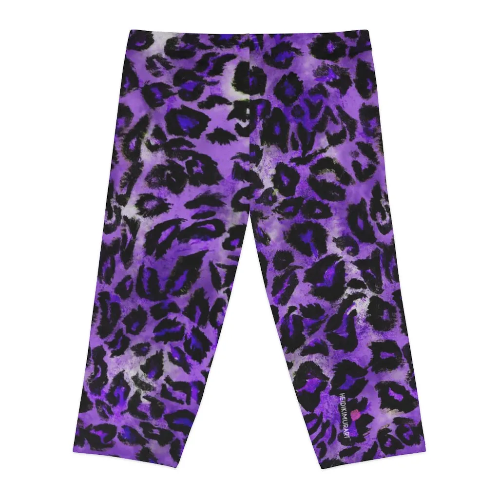 Purple Leopard Women's Capri Leggings, Knee-Length Polyester Capris Tights-Made in USA (US Size: XS-2XL)