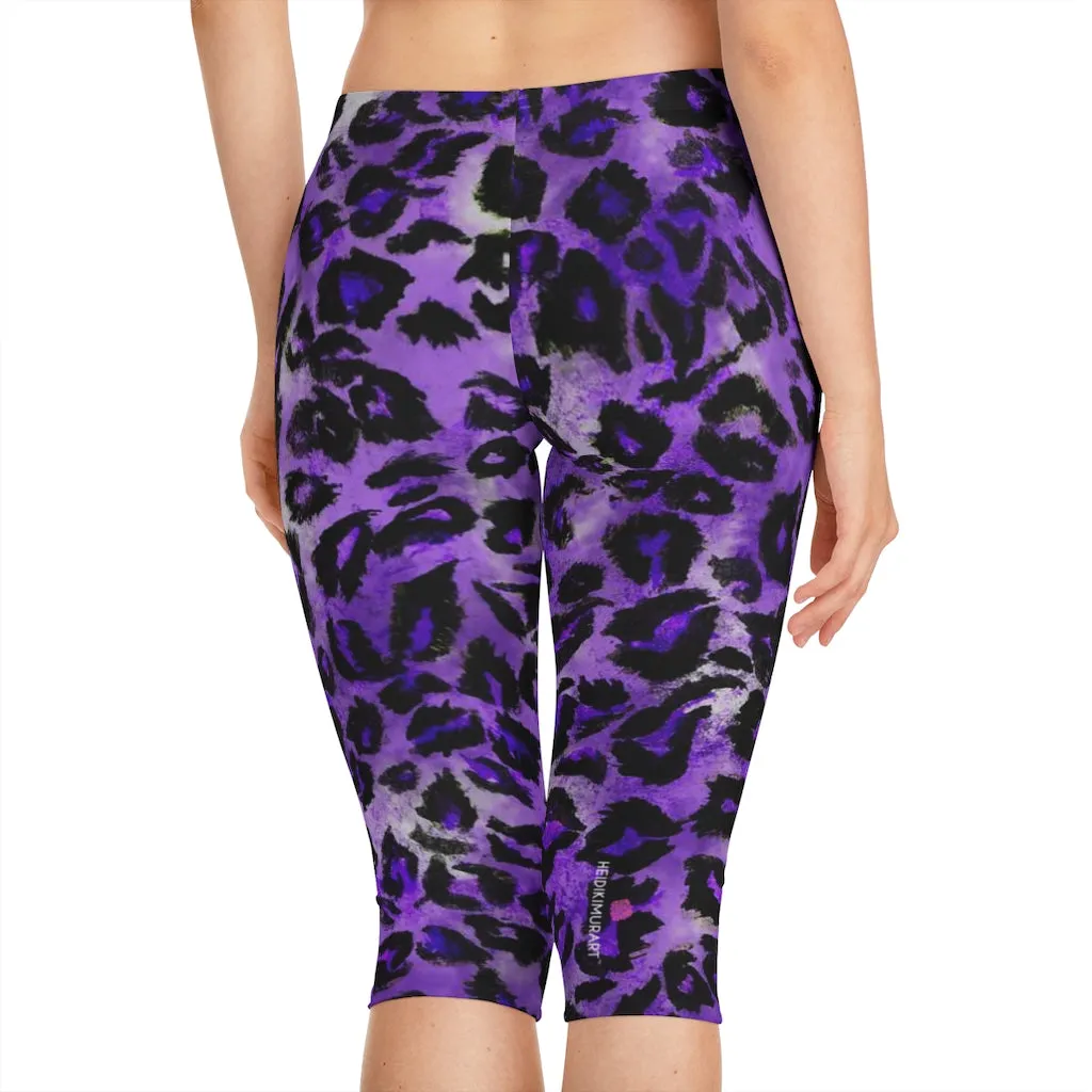 Purple Leopard Women's Capri Leggings, Knee-Length Polyester Capris Tights-Made in USA (US Size: XS-2XL)