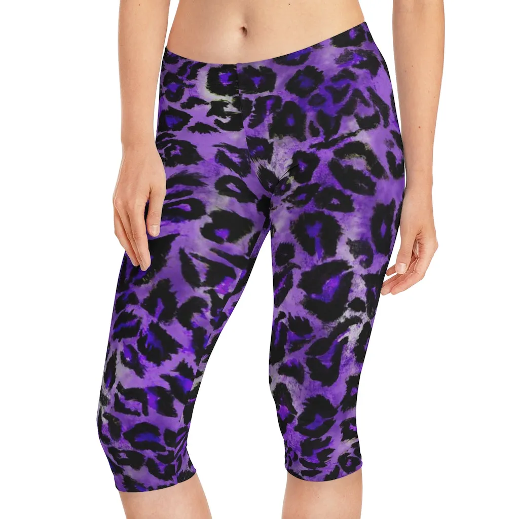 Purple Leopard Women's Capri Leggings, Knee-Length Polyester Capris Tights-Made in USA (US Size: XS-2XL)