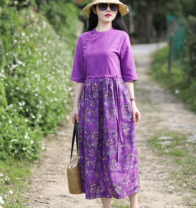 Purple Patchwork Women Dresses Casual Spring Linen Women Dresses Half Sleeve SSM97215