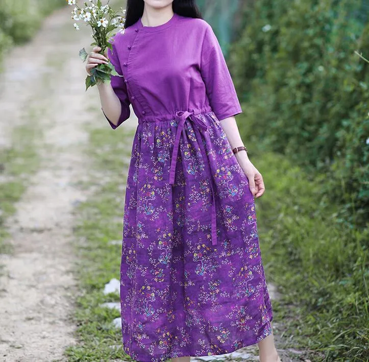 Purple Patchwork Women Dresses Casual Spring Linen Women Dresses Half Sleeve SSM97215