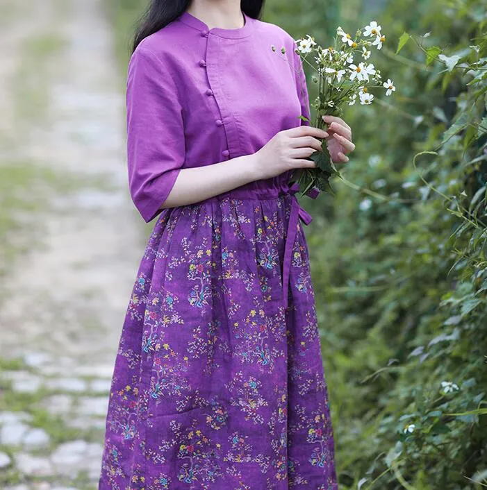 Purple Patchwork Women Dresses Casual Spring Linen Women Dresses Half Sleeve SSM97215