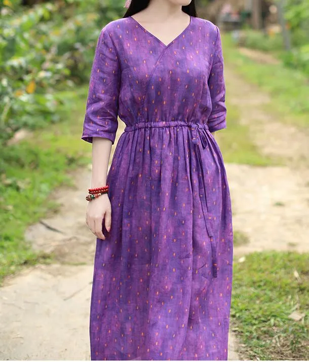Purple Patchwork Women Dresses Ramie Casual Spring Linen Women Dresses Half Sleeve SSM97215