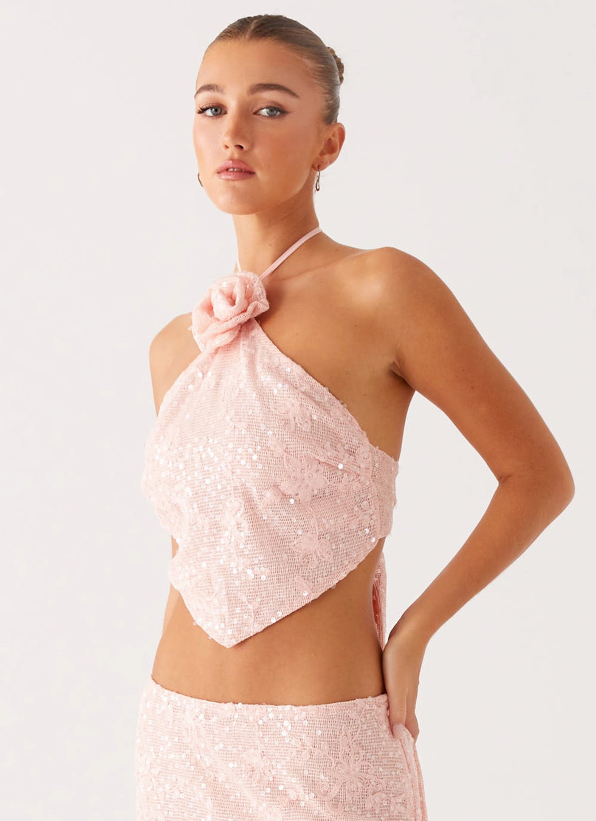 Elasticated Trim EcoCertified Material Queenie Sequin Halter Top - Pink