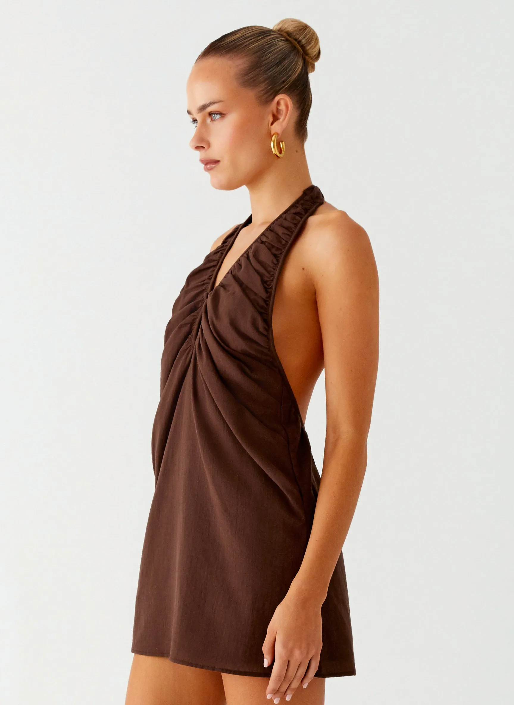 Sophisticated Elegance Anti Pilling Finish Jepsen Halter Mini Dress - Chocolate