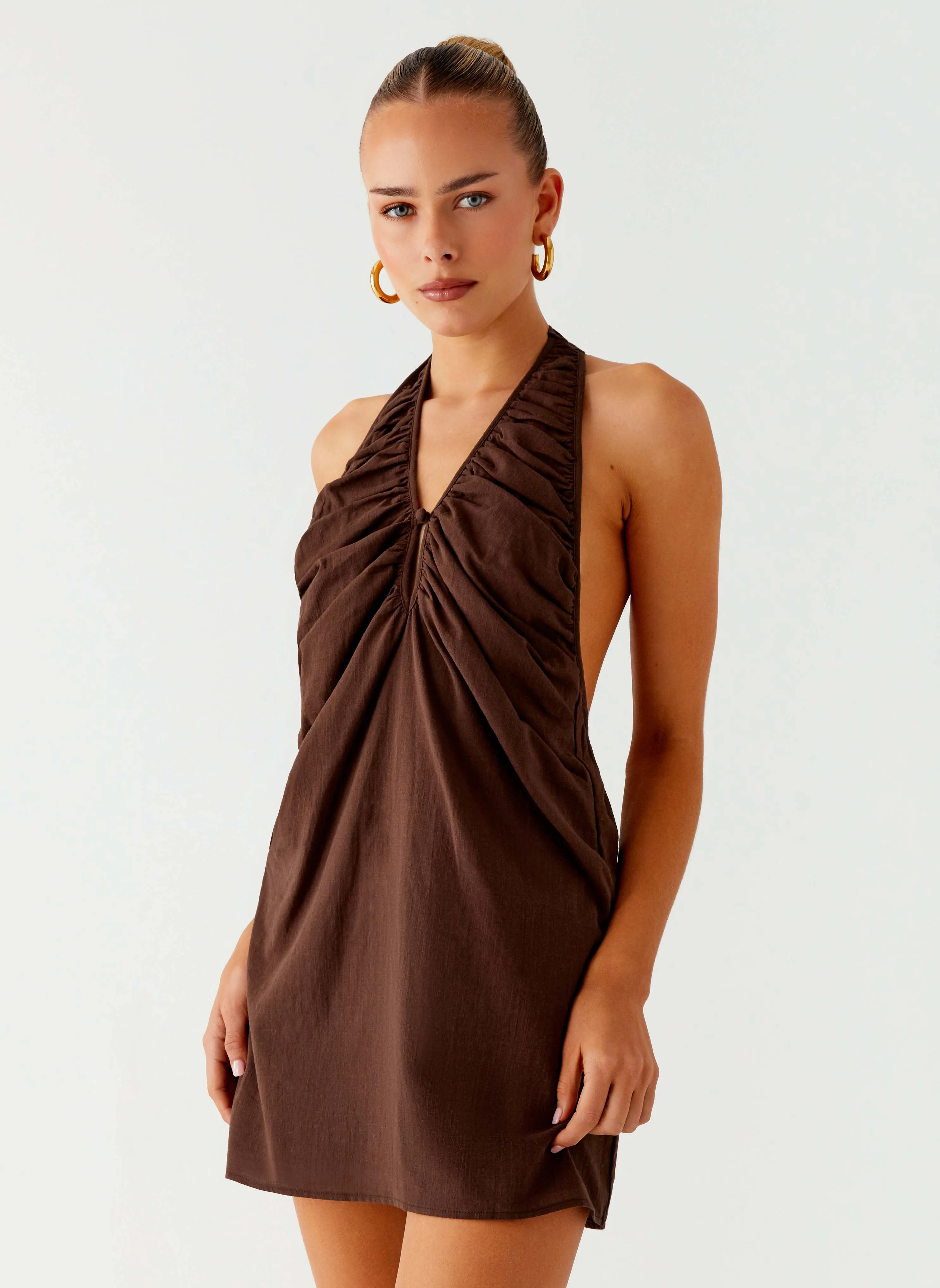 Jepsen Halter Mini Dress - Chocolate Trendy Fashion