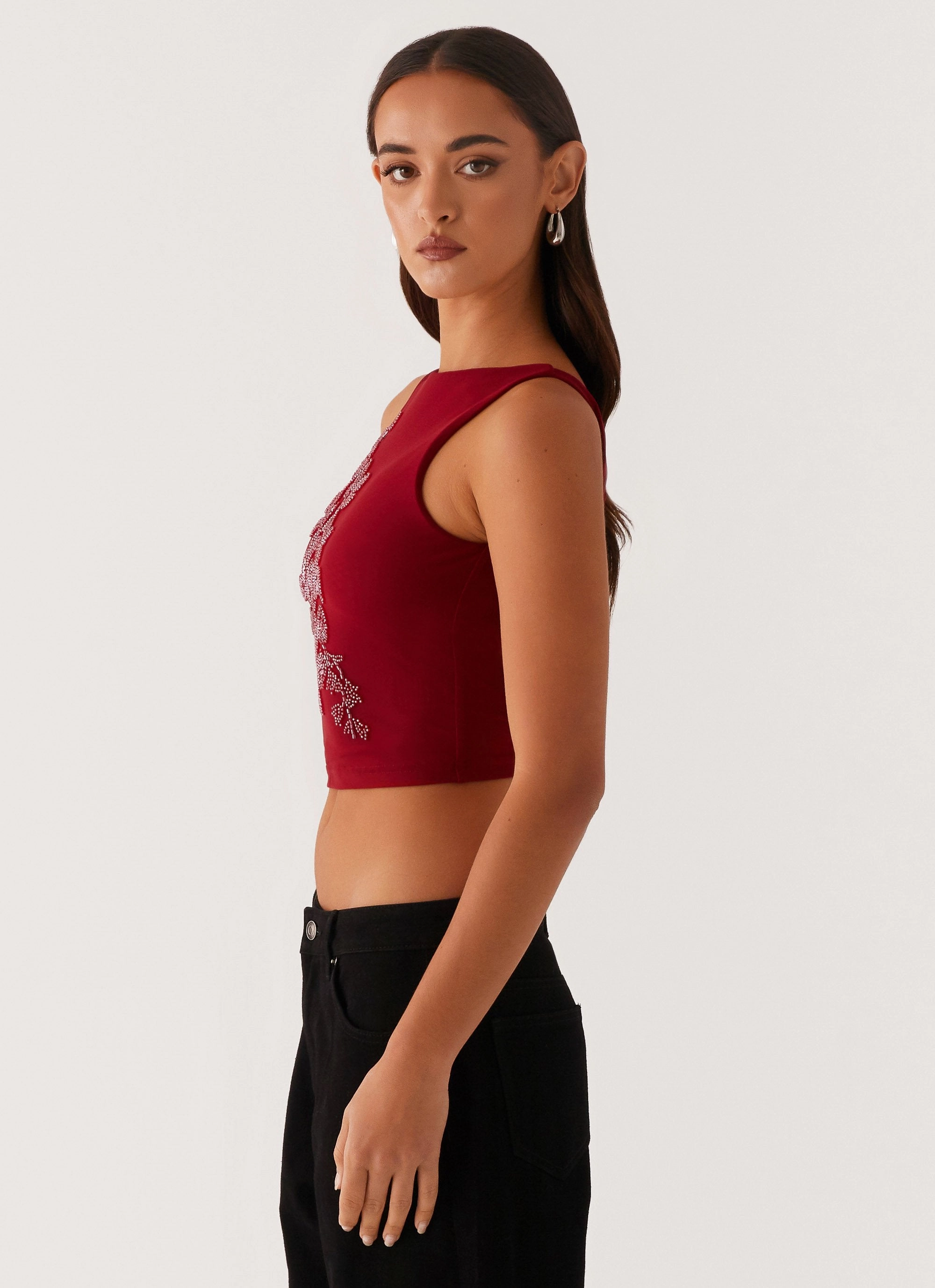 Brae Beaded Mesh Top - Deep Red Non Chafing Edges HighStrength Threadwork
