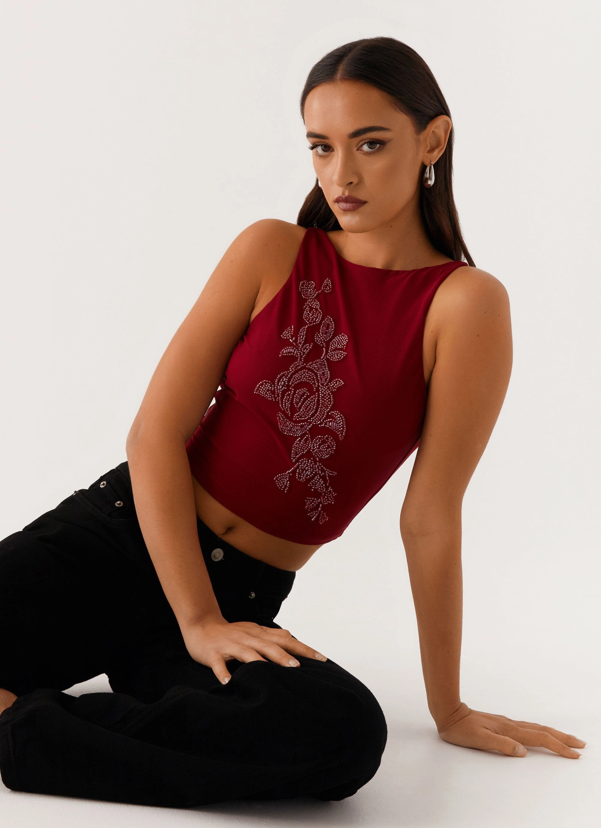 Brae Beaded Mesh Top - Deep Red Tencel Blend Fabric ThermalRegulationLayer